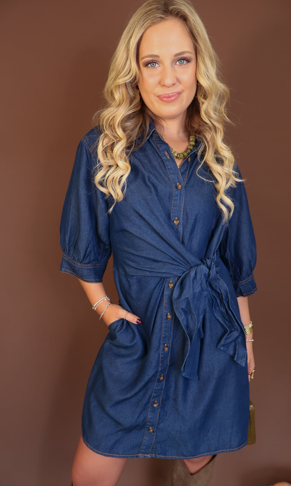 Dark Denim Tie-Front Shirt Dress — front view.