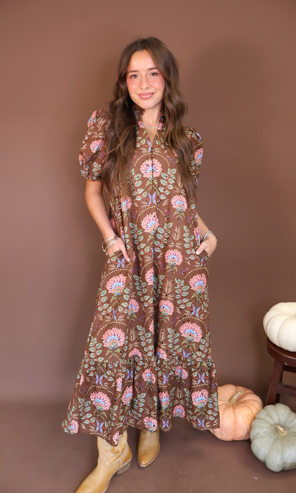 Brown Floral Eyelet Midi Dress — front view.