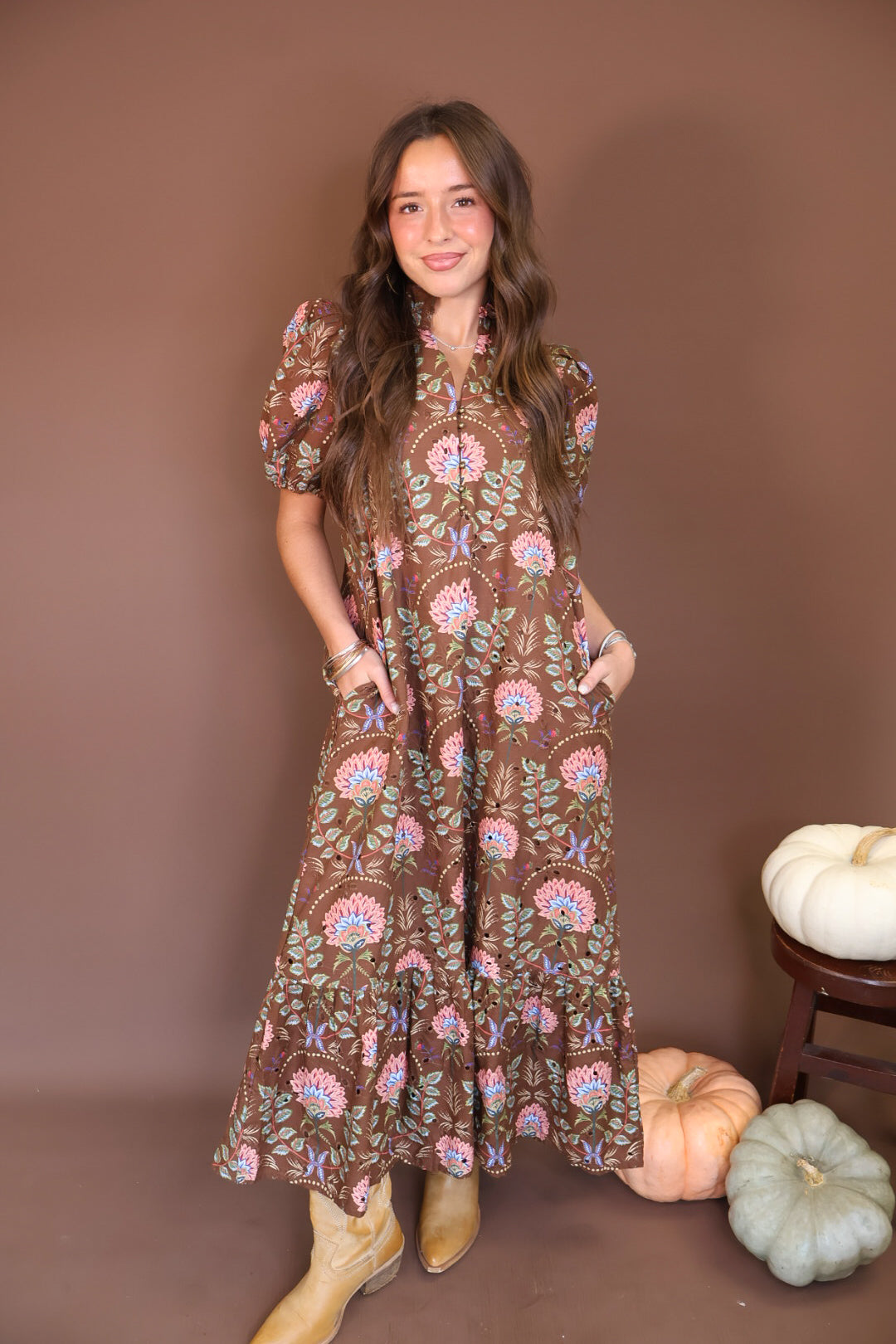 Brown Floral Eyelet Midi Dress — front view.
