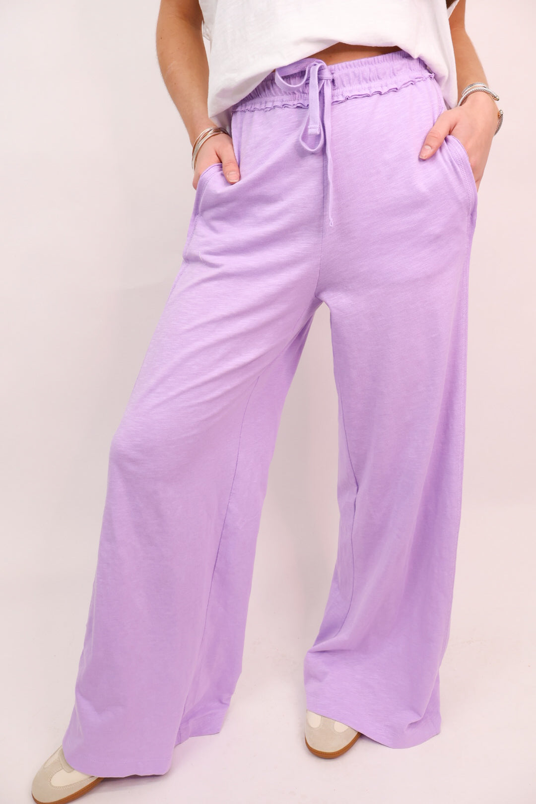 Lightweight Drawstring Wide Leg Pants - Lavender