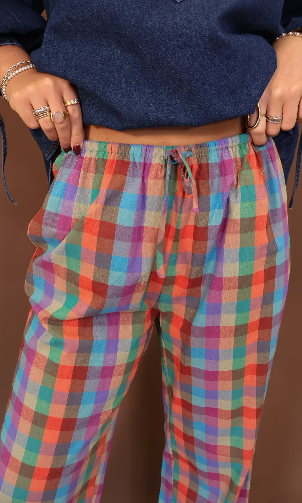 Multicolor Plaid Ruffle Hem Pants — close-up of drawstring waistband.