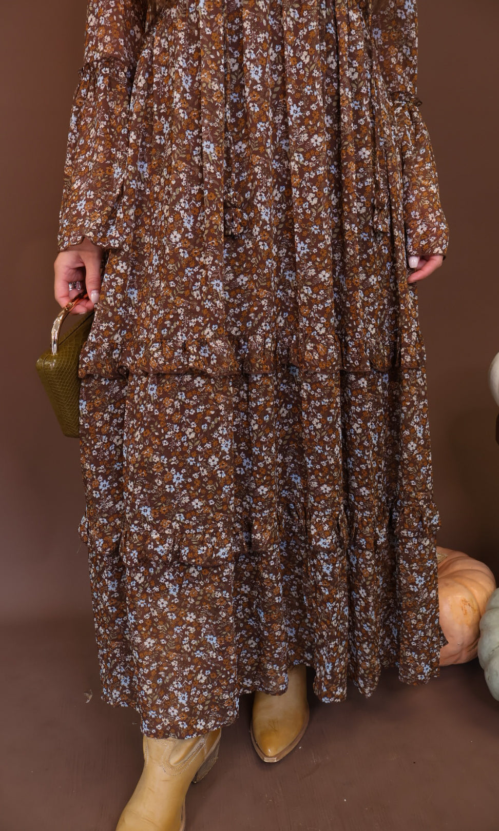 Brown Floral Long Sleeve Midi Dress — close-up of gathered midi skirt.