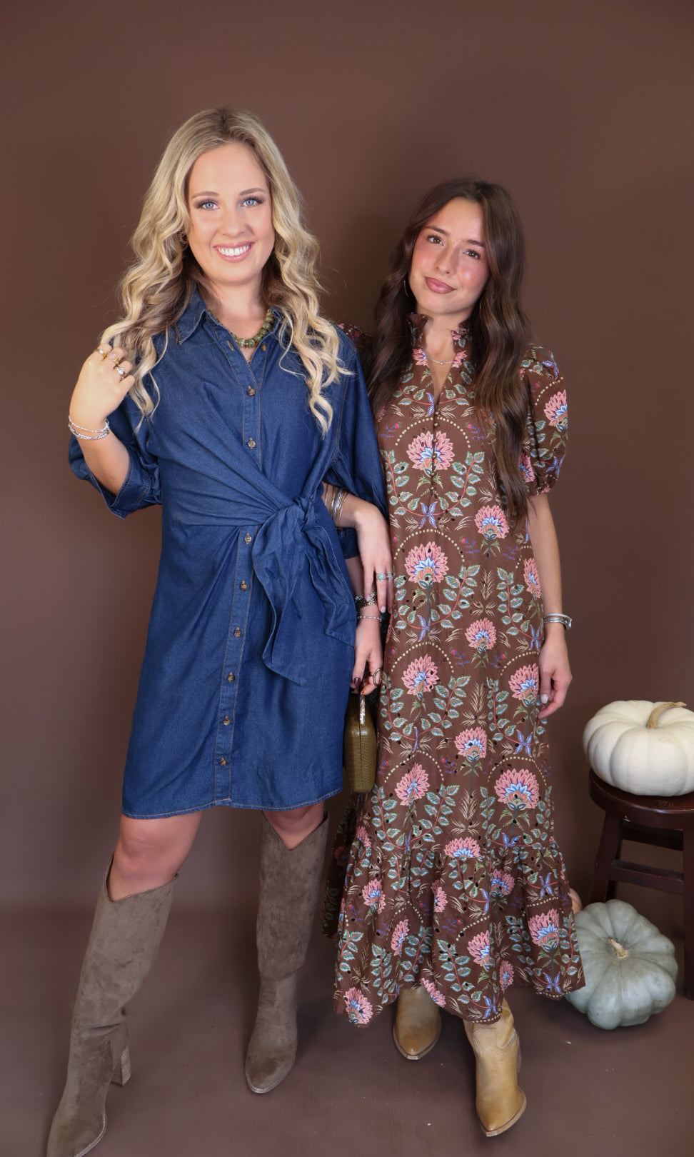 Dark Denim Tie-Front Shirt Dress — styled beside a floral midi dress.