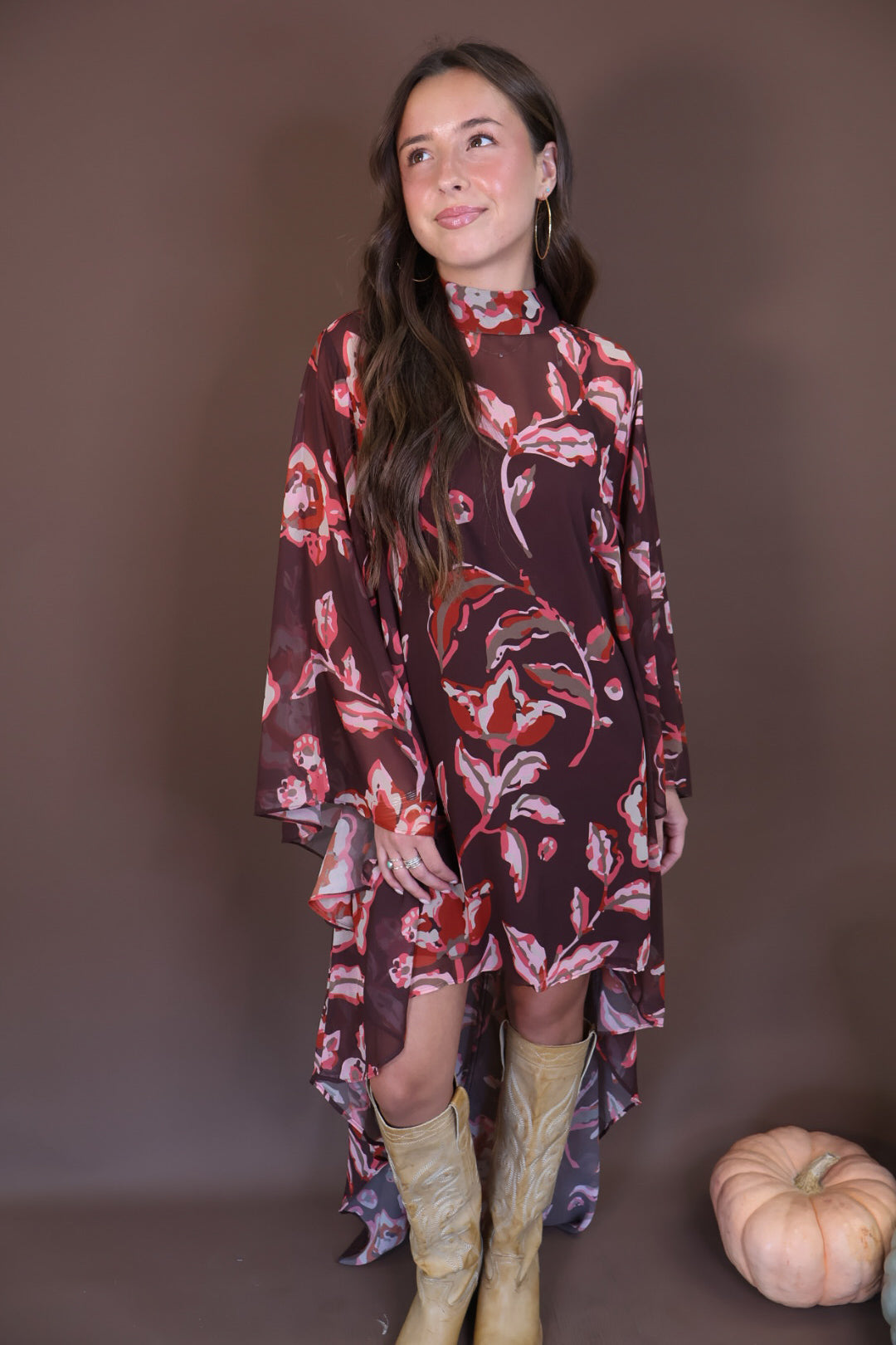 Burgundy And Brown Floral High-Low Maxi Dress — side view showing high-low hem.
