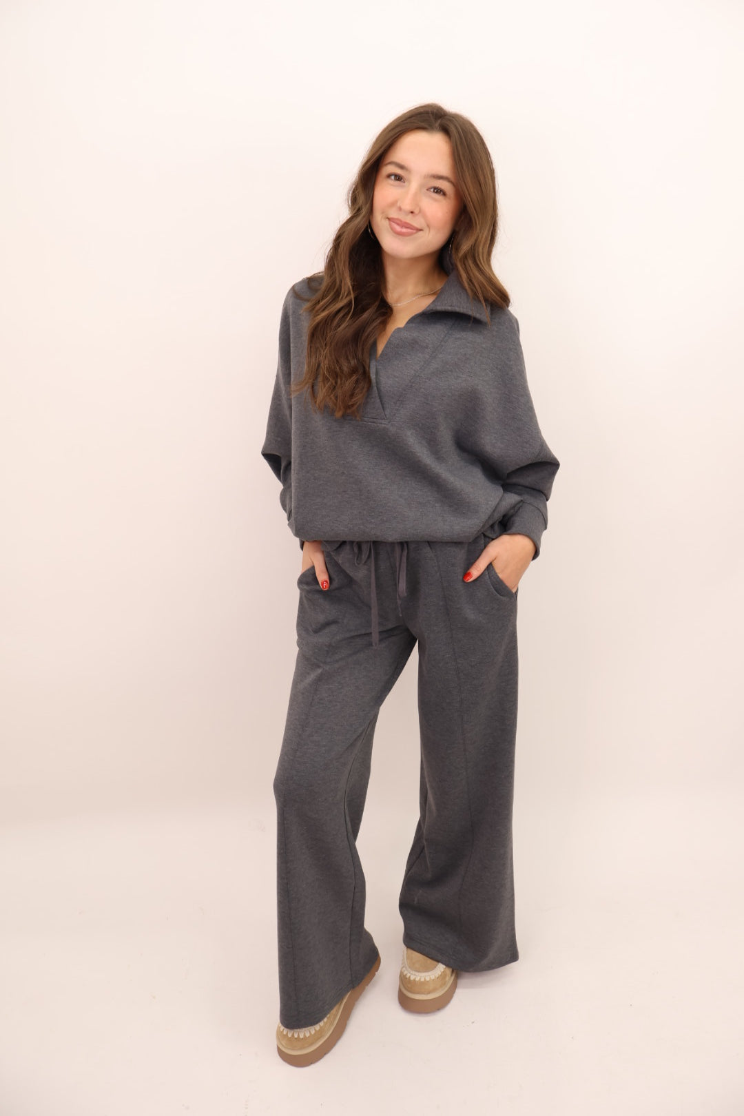 Scuba V-Neck Pullover and Pants Set - Charcoal