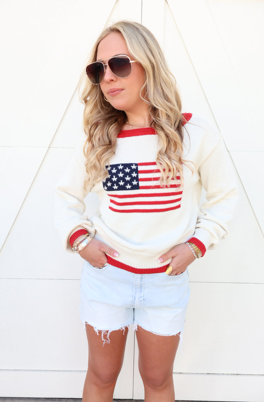 Red Trimmed Lightweight American Flag Sweater