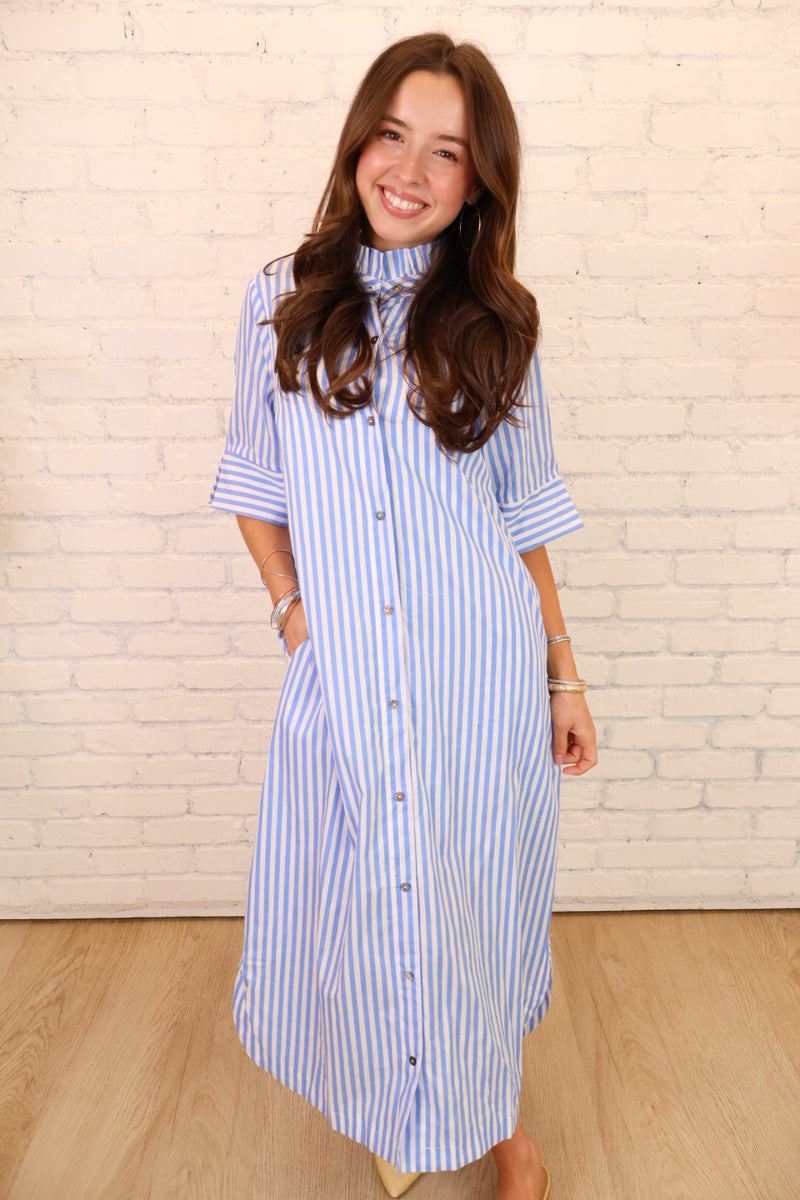 Blue & White Striped Button Front Midi Dress – Moda Boutique