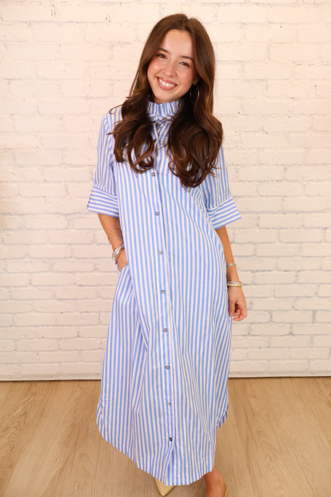 Blue & White Striped Button Front Midi Dress