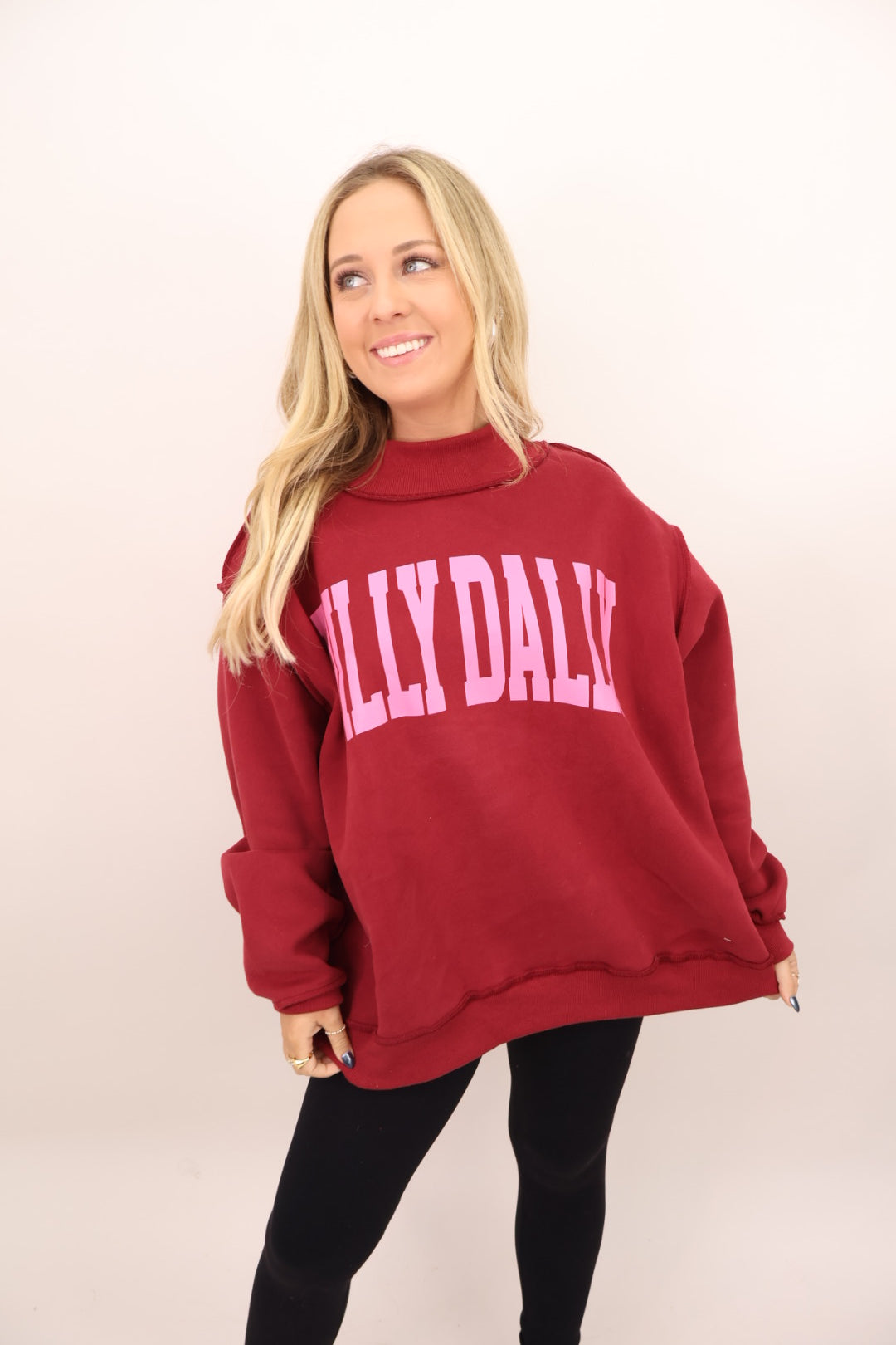 Dilly Dally Mock Neck Pullover - Burgundy