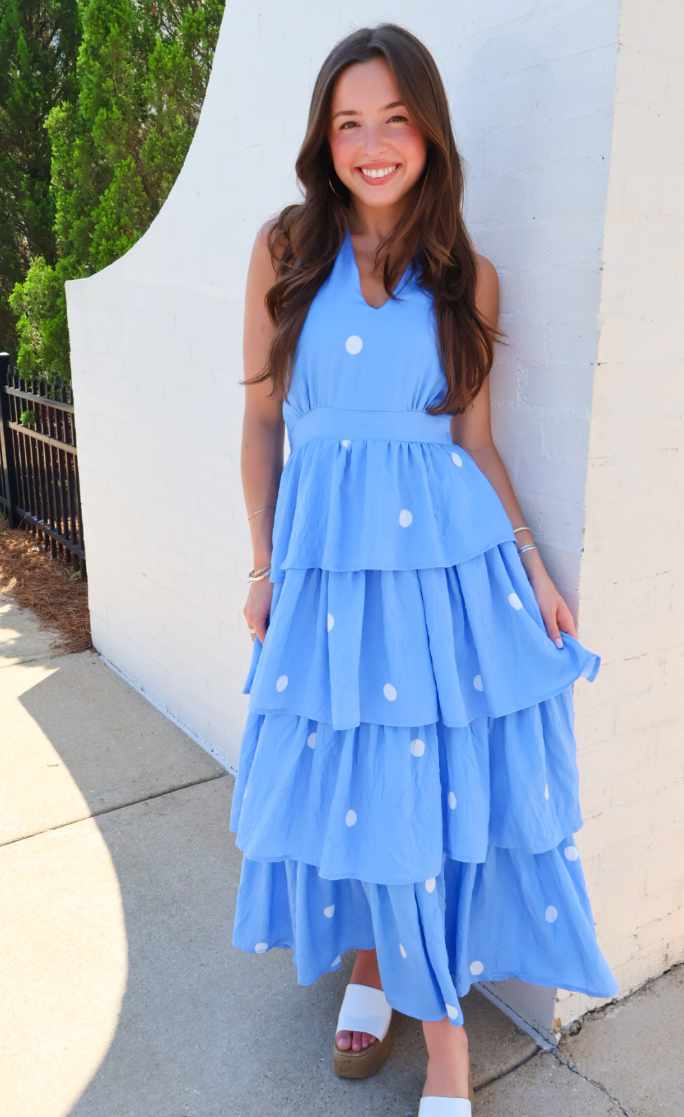 Blue Polka Dot Tiered Halter Midi Dress