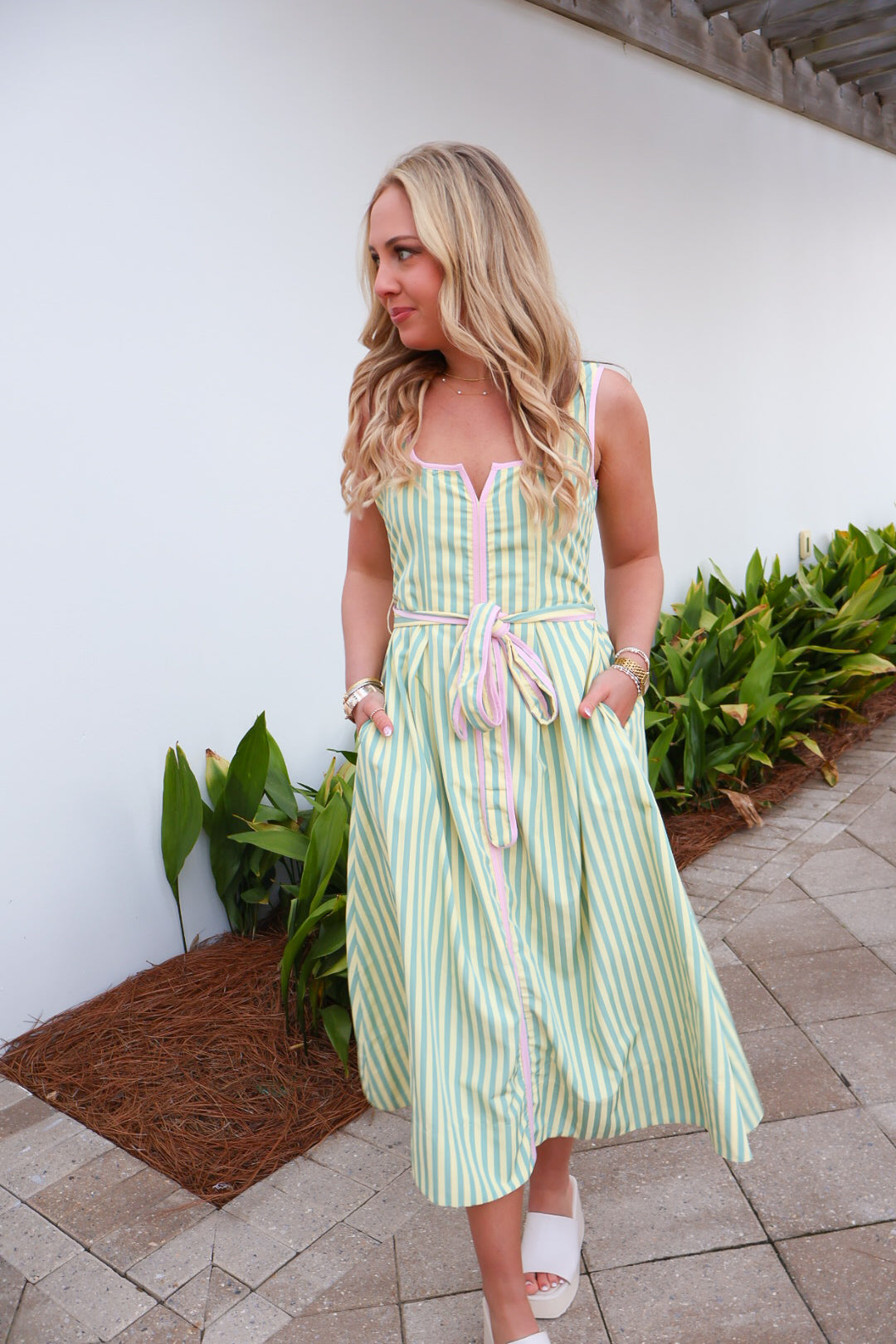 Pastel Stripe Belted Midi Dress
