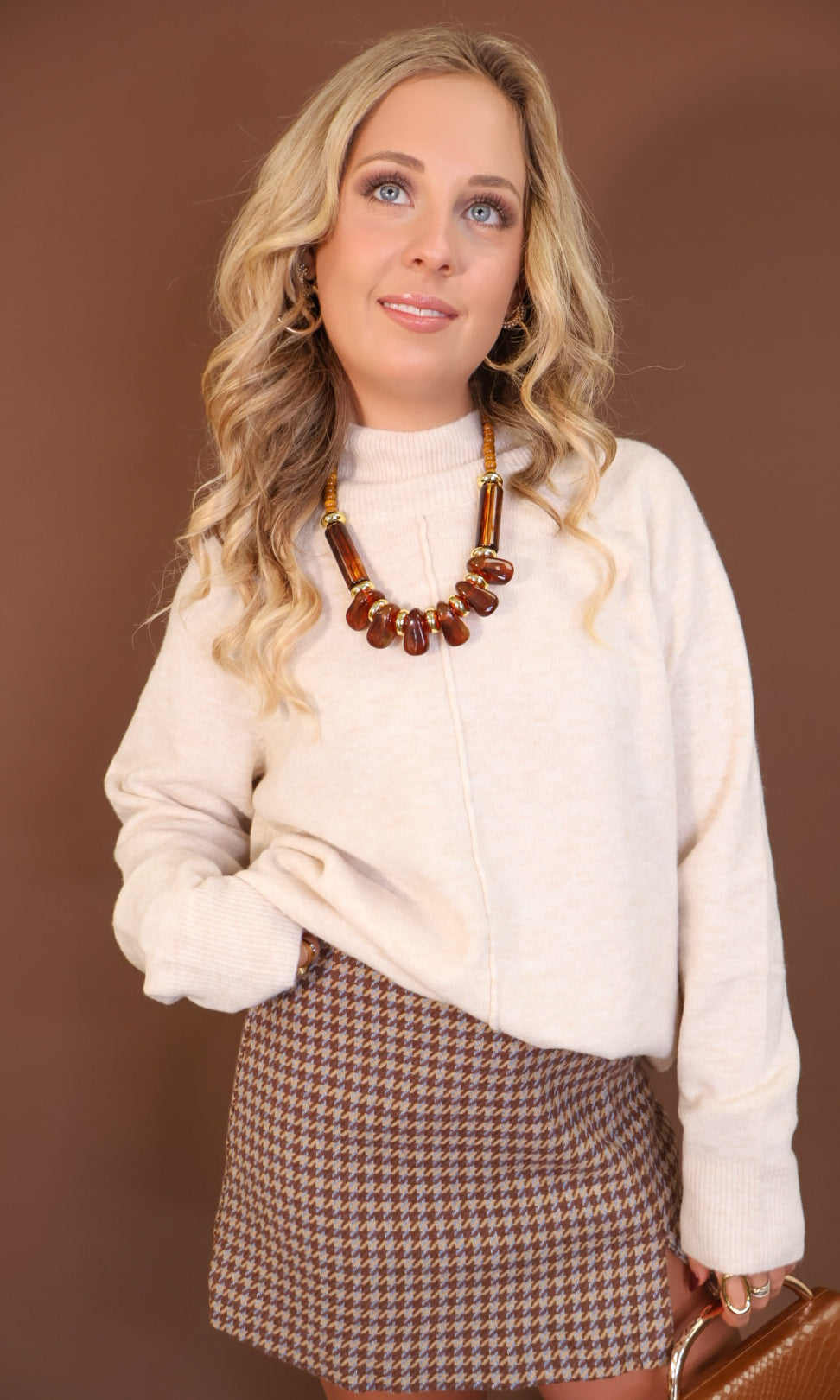 Oatmeal Mock Neck Tunic Sweater — front view.