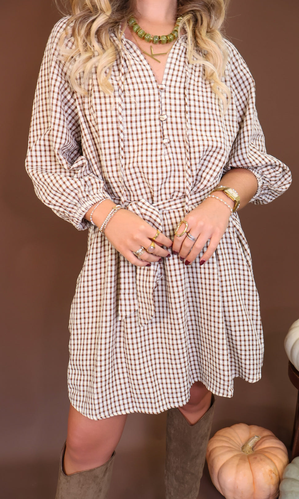 Brown Plaid Tie-Waist Shirt Dress — front view.