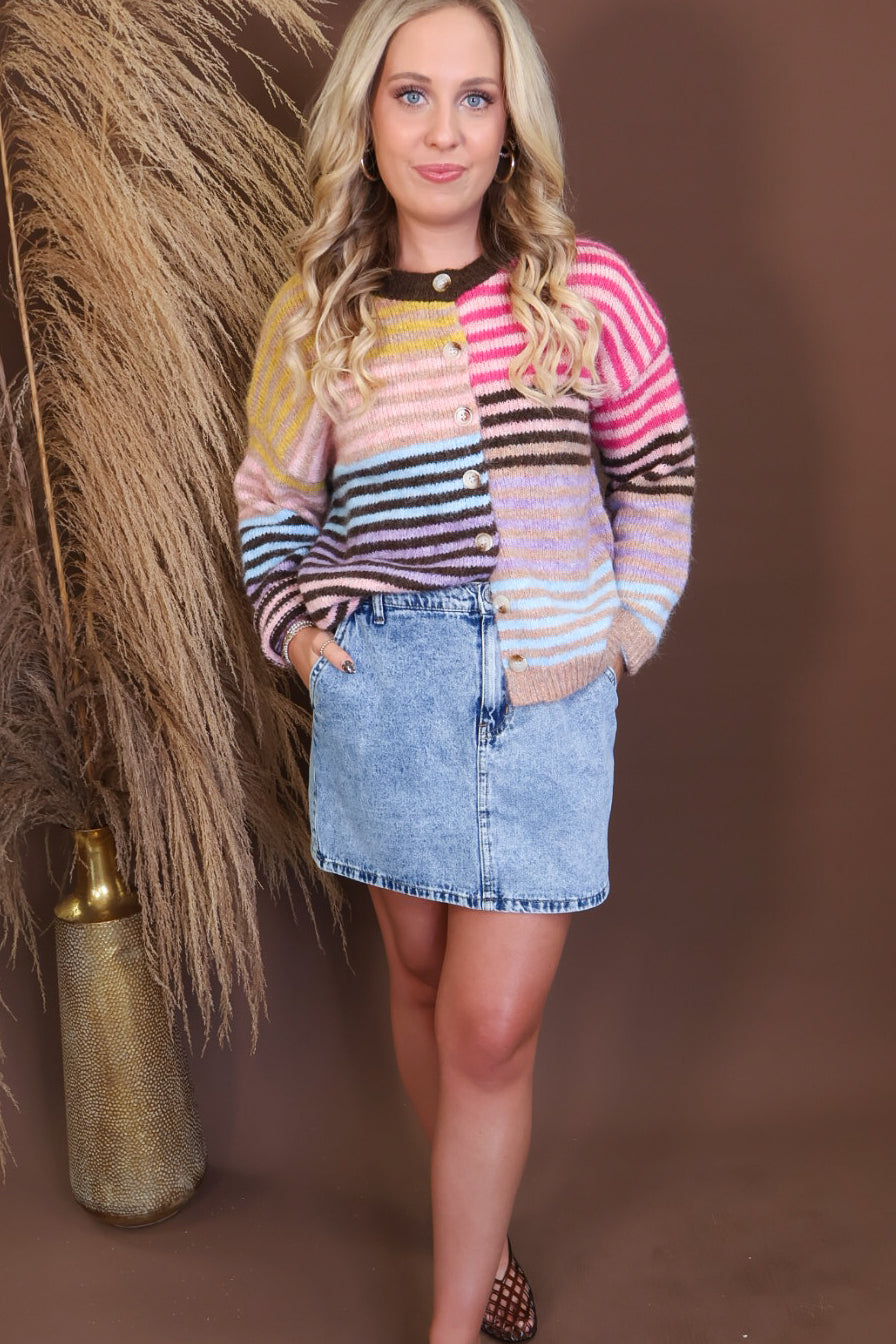 Model wearing the Multi Striped Cardigan from Moda Boutique