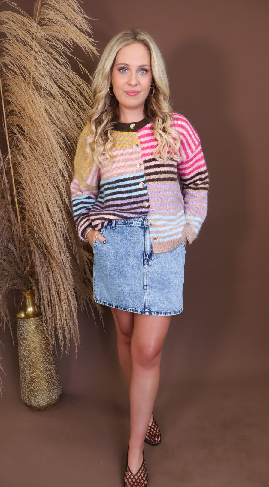 Model wearing the Multi Striped Cardigan from Moda Boutique