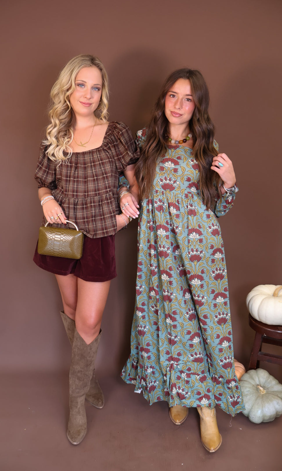 Sage And Burgundy Floral Long Sleeve Maxi Dress — styled beside a brown plaid top.