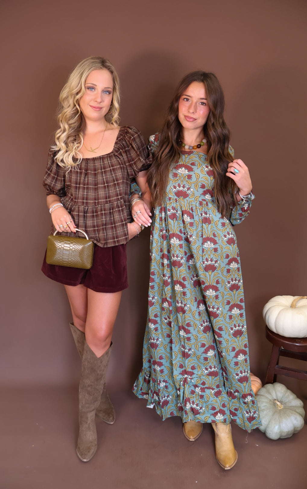 Sage And Burgundy Floral Long Sleeve Maxi Dress — styled beside a brown plaid top.