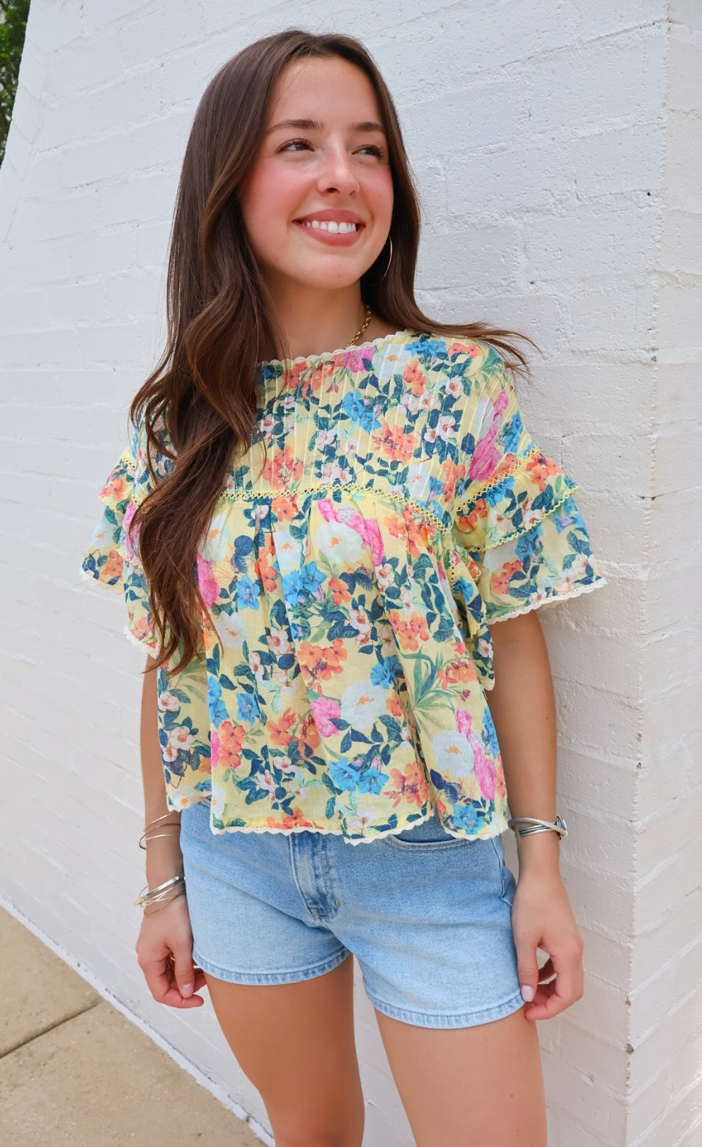 Yellow Garden Floral Ruffle Sleeve Top