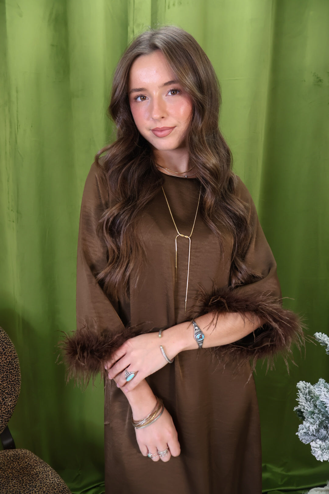 Brown Feather Trim Satin Midi Dress – close-up of feather cuffs.