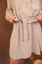 Brown Plaid Tie-Waist Shirt Dress — close-up of matching waist tie.