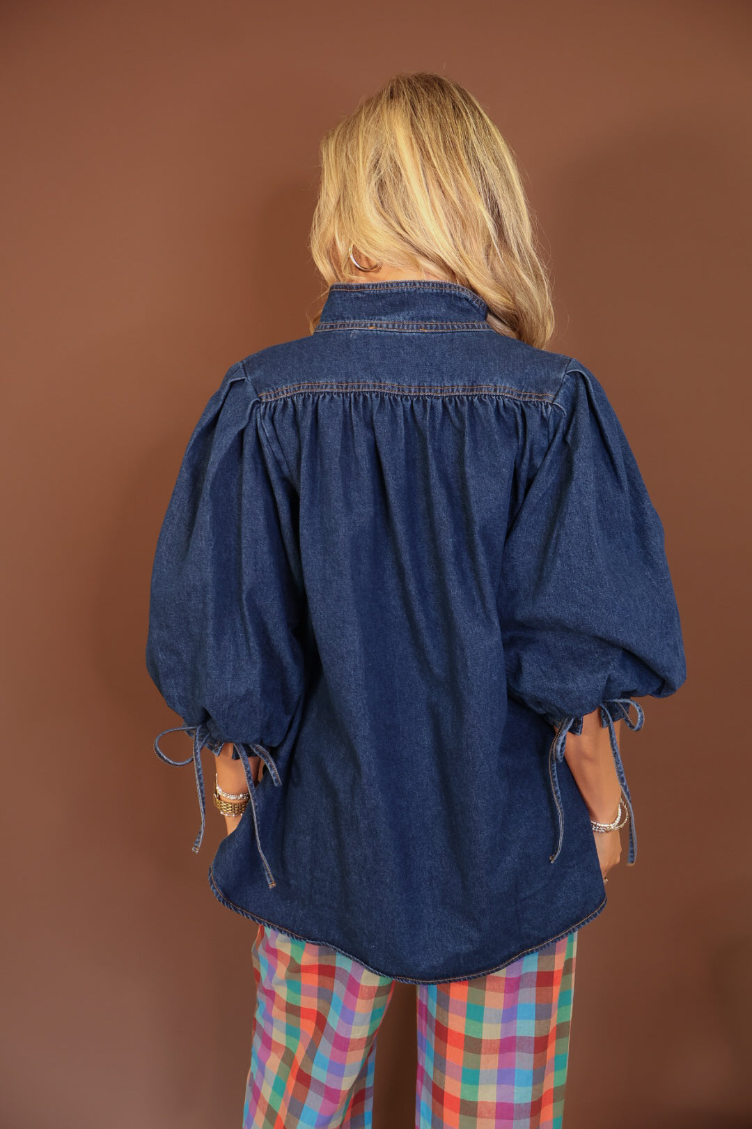 Dark Denim Balloon Sleeve Top — back view.