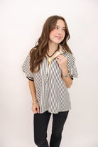 Sporty Quarter-Zip Puff Sleeve Top - Black Stripe