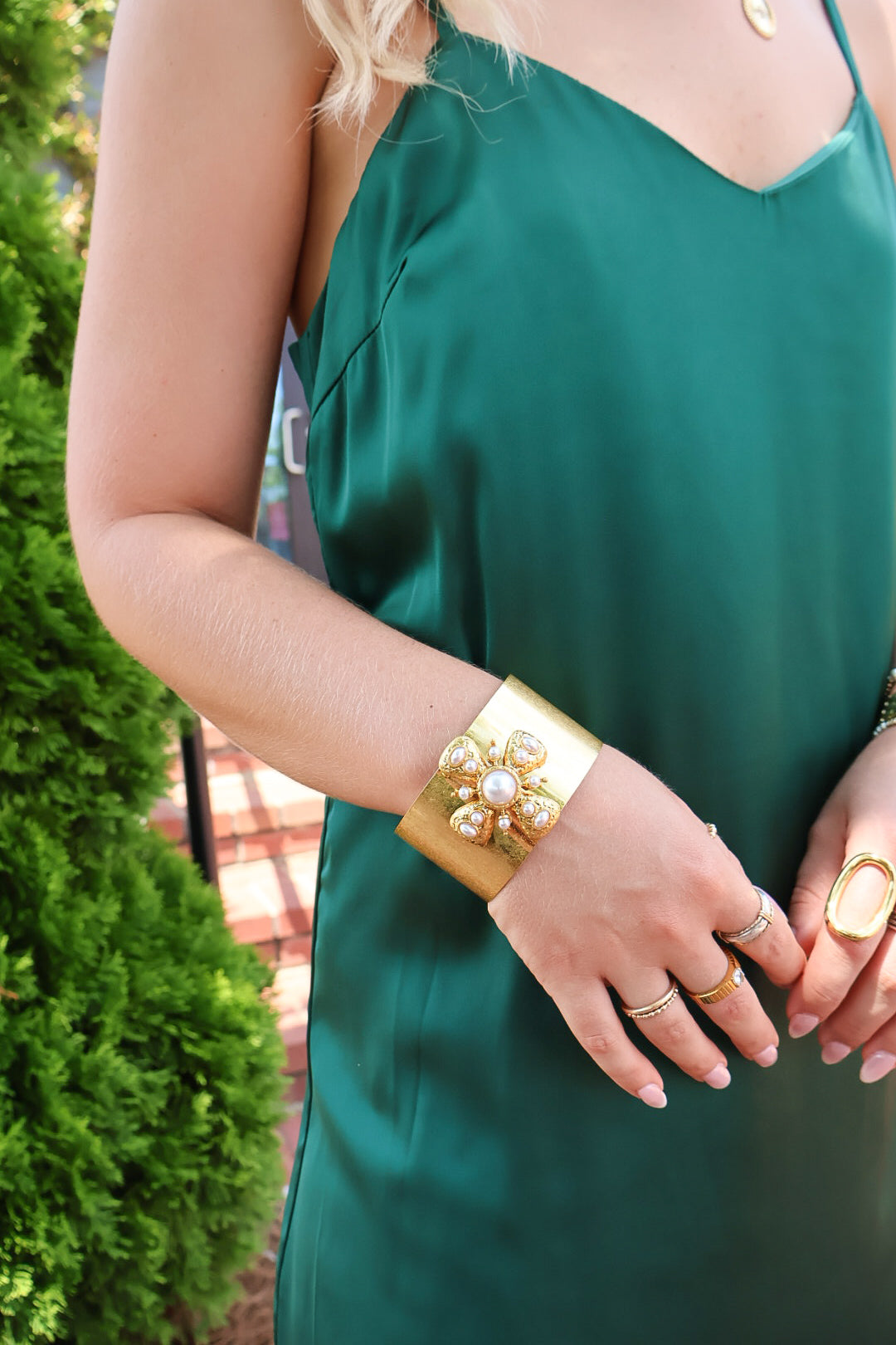 Gold Pearl Flower Cuff Bracelet