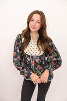 Black Floral Contrast Collar Top
