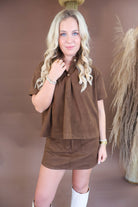 Chocolate faux suede top and skort set