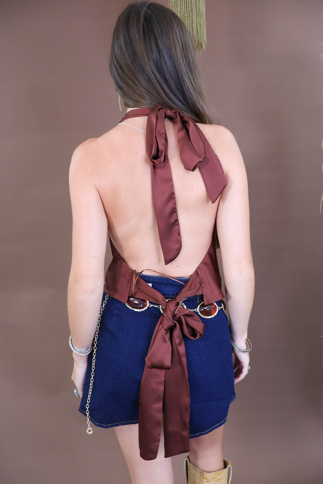 Brown satin cowl neck top with open back and tie closure