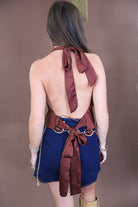 Brown satin cowl neck top with open back and tie closure