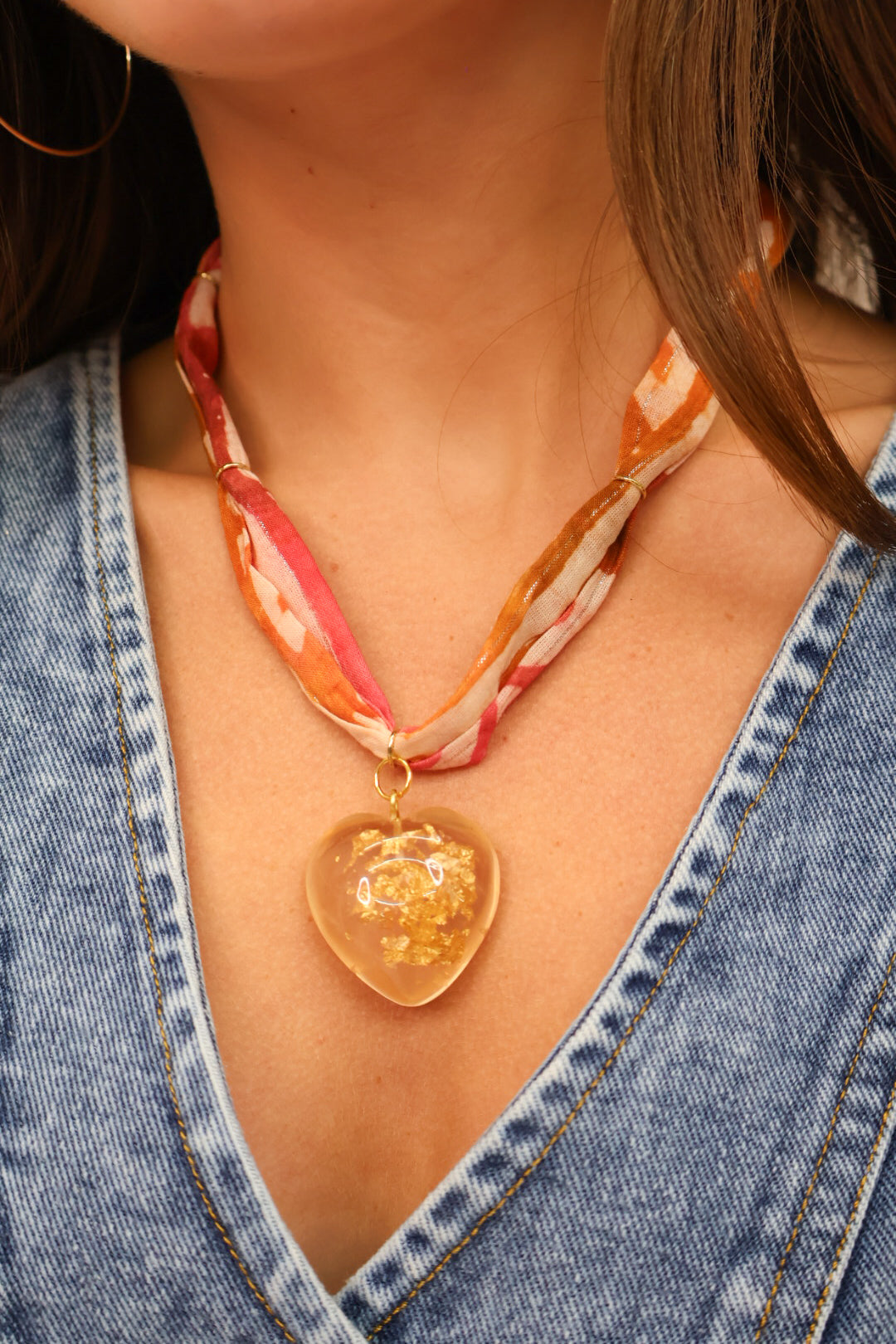 Scarf Necklace with Clear Heart Pendant