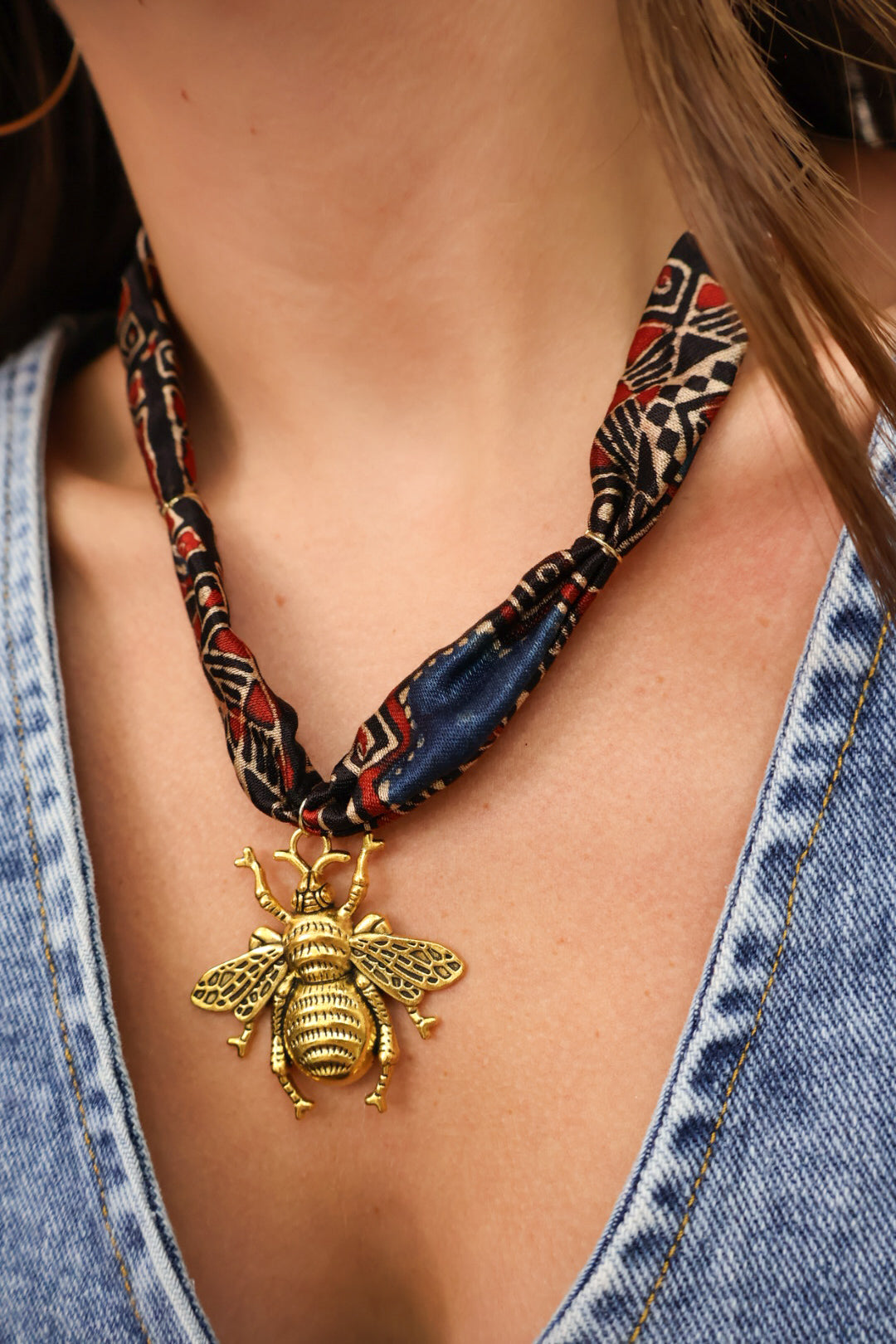 Scarf Necklace with Gold Bee Pendant