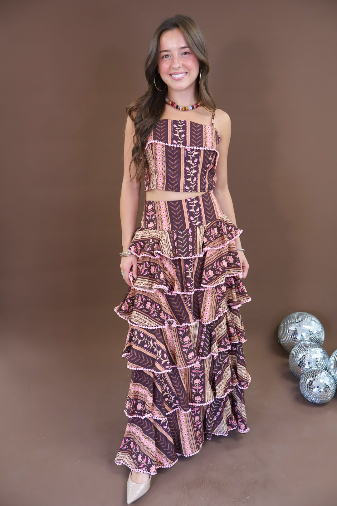Printed Crop Top & Tiered Maxi Skirt Set