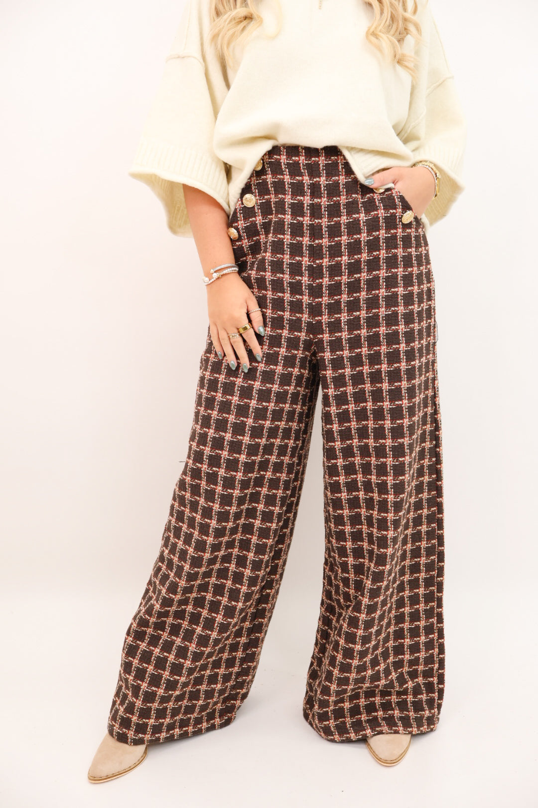Wide Leg Tweed Plaid Pants