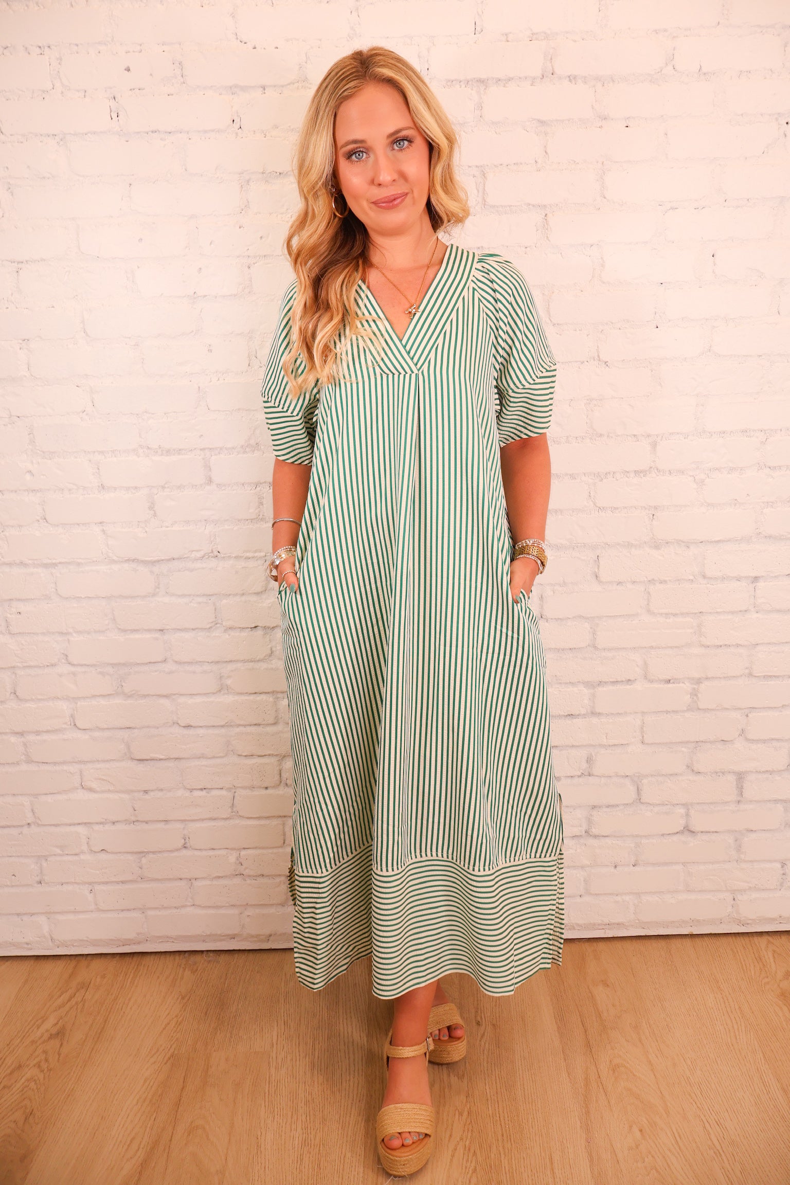 Striped V-Neck Midi Dress - Green