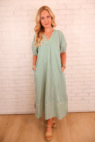 Striped V-Neck Midi Dress - Green