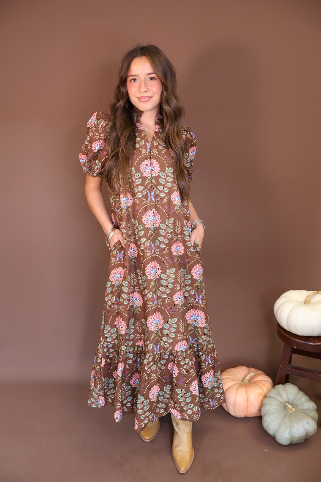 Brown Floral Eyelet Midi Dress — full front view.
