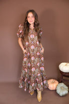 Brown Floral Eyelet Midi Dress — full front view.