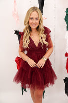Burgundy Pearl Embellished Tulle Mini Dress