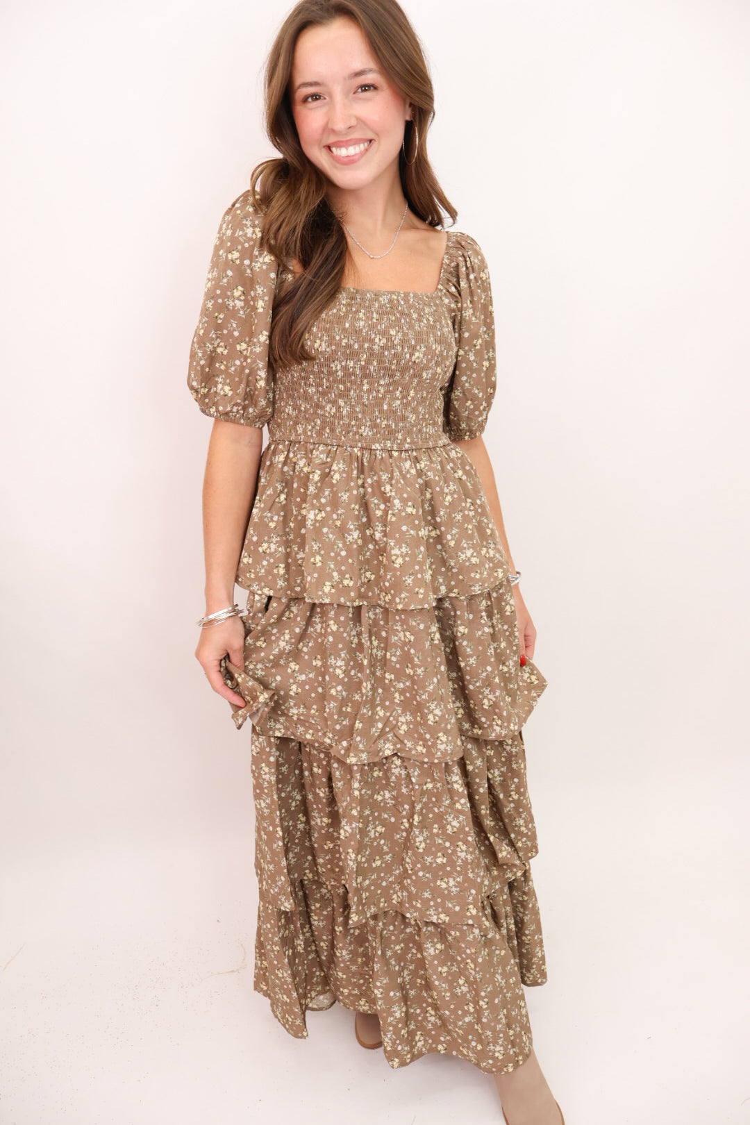 Mocha Floral Tiered Midi Dress