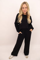 Casual Raglan Top and Pants Set - Black
