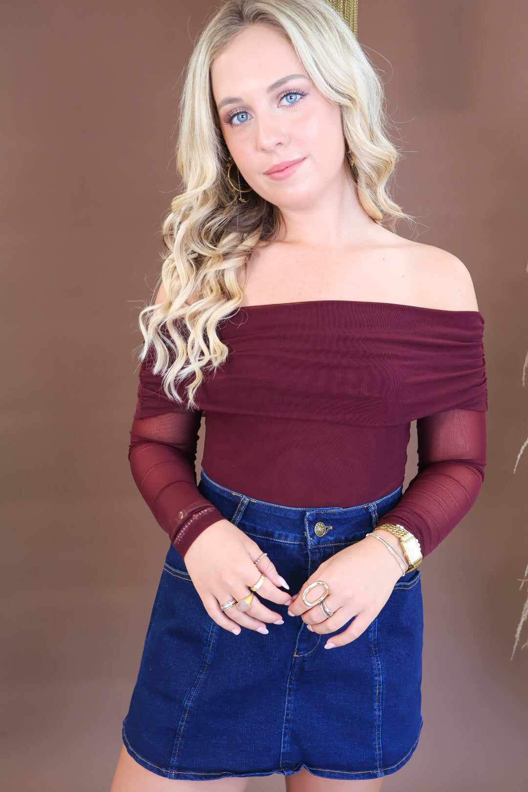 Burgundy mesh off shoulder long sleeve bodysuit