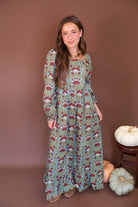 Sage And Burgundy Floral Long Sleeve Maxi Dress — full front view.