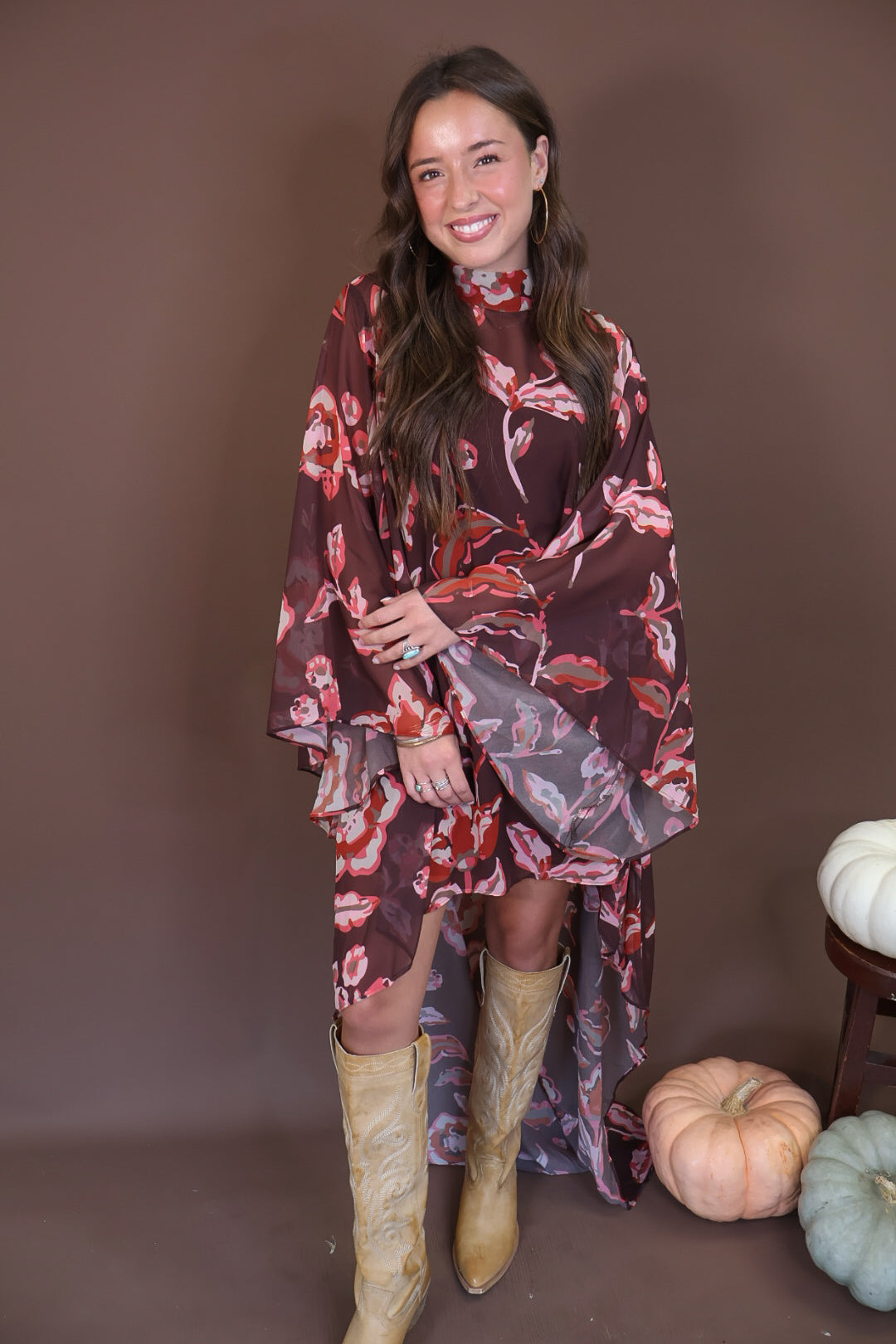 Burgundy And Brown Floral High-Low Maxi Dress — front view showing shorter front hem.