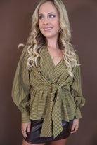 Martini Olive Striped Tie-Front Top — front view.