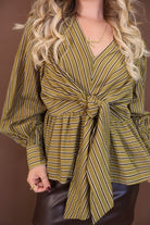 Martini Olive Striped Tie-Front Top — close-up of stripe pattern and waist tie.