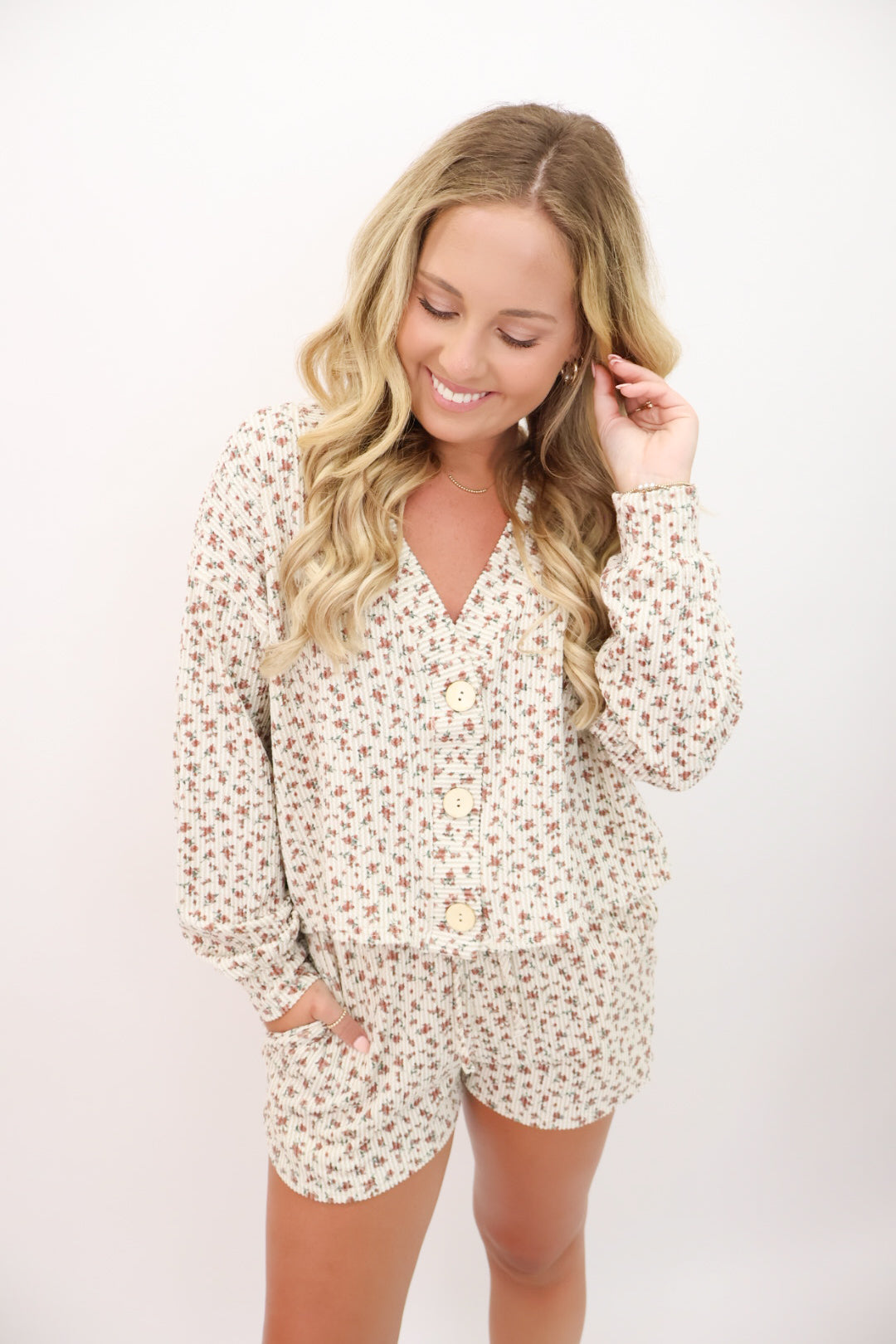 Fall Floral Casual Ribbed Shorts Set