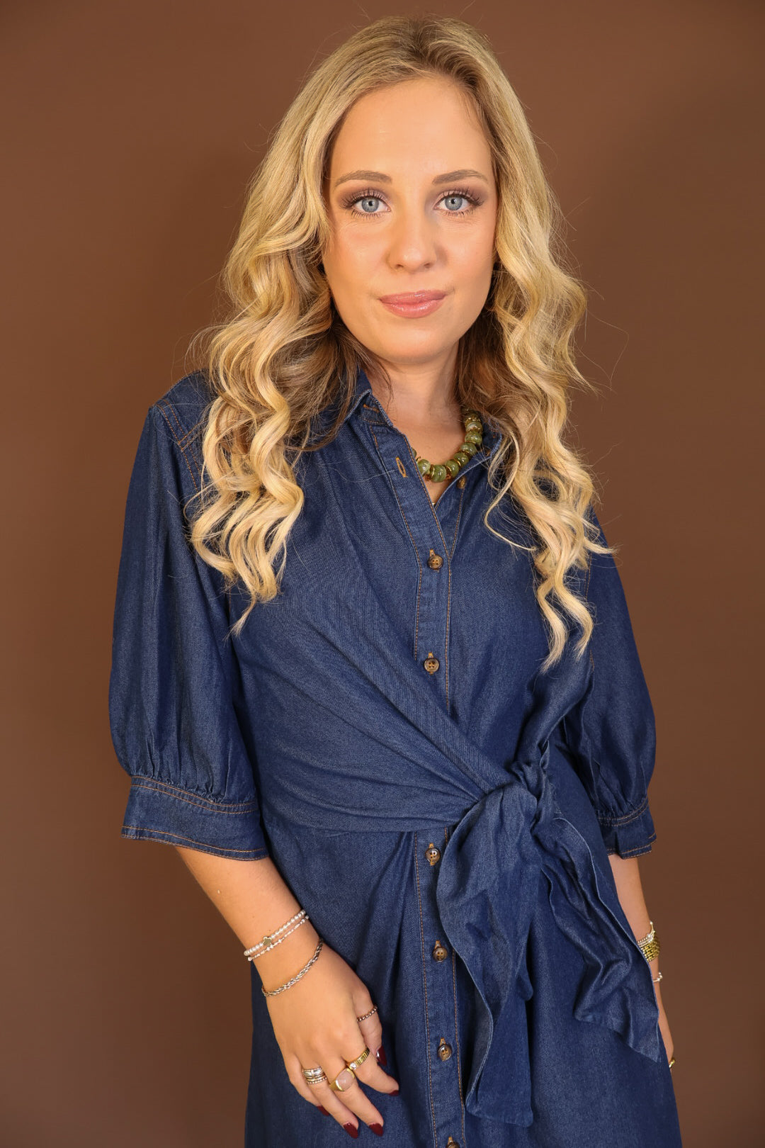 Dark Denim Tie-Front Shirt Dress — front view.