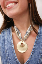 Floral Scarf Necklace with Large Gold Pendant